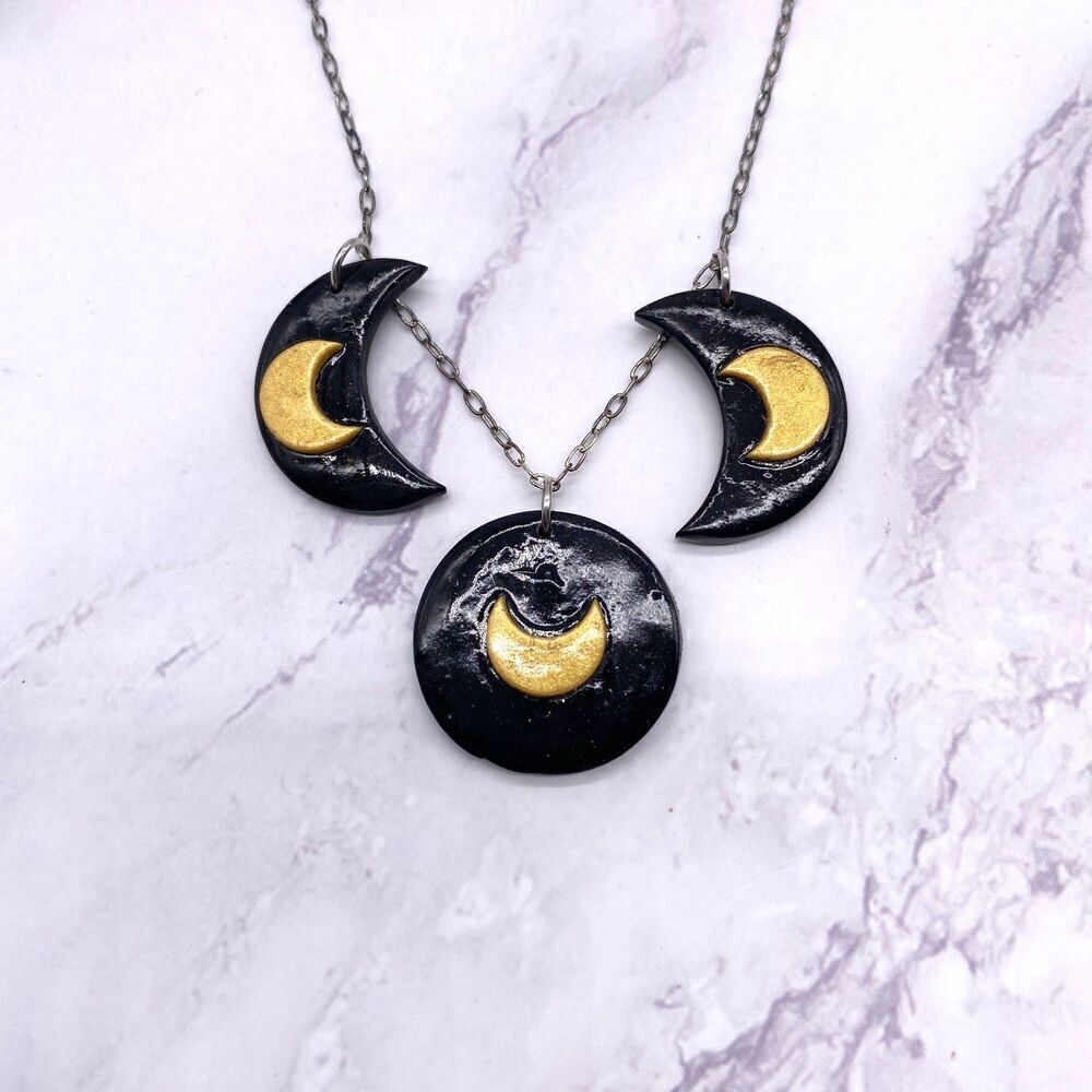 Black and Gold Moon Phase Celestial Sterling Silver Necklace - Picture 3 of 9